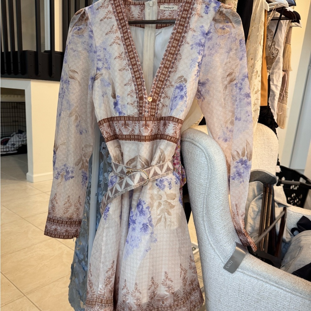 Floral V-Neck Long Sleeve Dress in Lavender and Cream